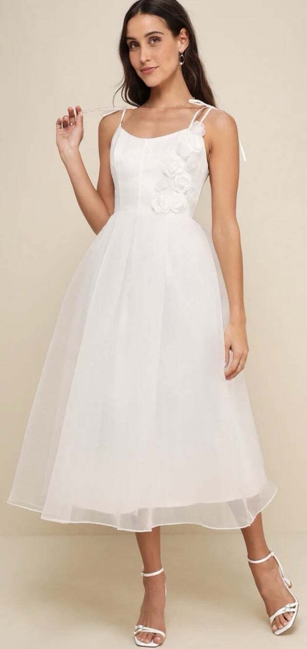 Intentionally Darling White Organza Tie-Strap Rosette Midi Dress Lulus. MN97